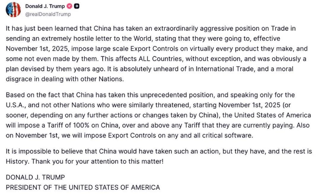 Featured image for: Trump to impose 100% tariff on China starting November 1st Trump to impose 100% tariff on China starting November 1st