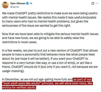 Featured image for: OpenAI's Sam Altman announces ChatGPT will allow erotica for verified adults in December OpenAI's Sam Altman announces ChatGPT will allow erotica for verified adults in December