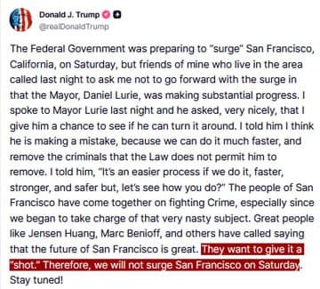 Featured image for: Trump says federal government will not surge San Francisco on Saturday Trump says federal government will not surge San Francisco on Saturday