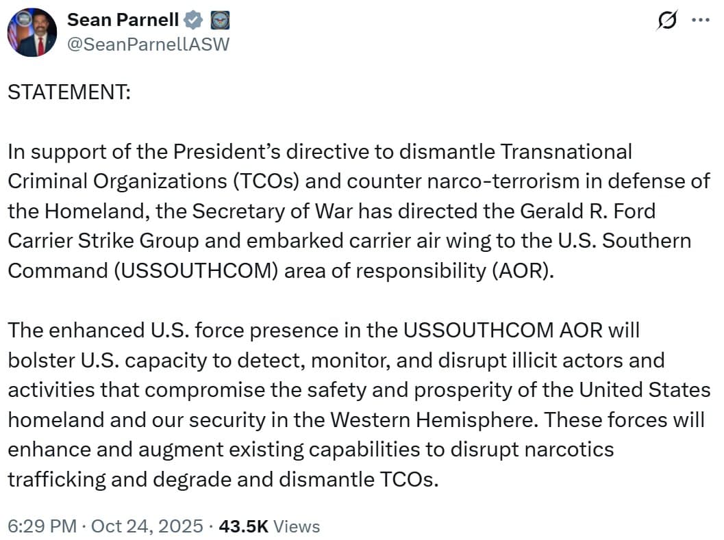 Featured image for: Gerald R. Ford Carrier Strike Group ordered to deploy to U.S. Southern Command Gerald R. Ford Carrier Strike Group ordered to deploy to U.S. Southern Command