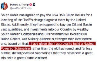 Featured image for: Trump approves South Korea's nuclear submarine construction, investment in U.S. Trump approves South Korea's nuclear submarine construction, investment in U.S.