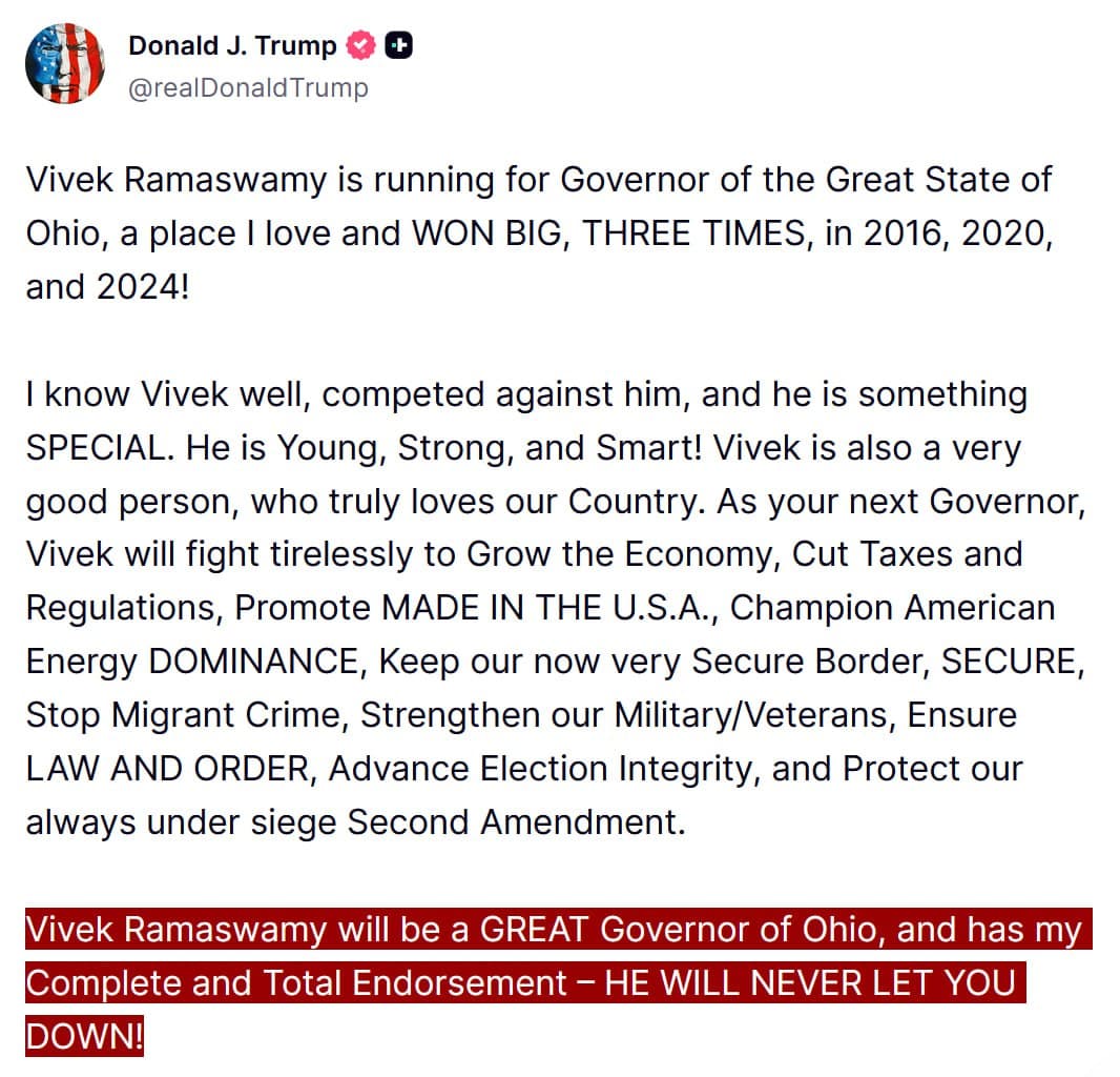 Featured image for: Trump endorses Vivek Ramaswamy for Governor of Ohio Trump endorses Vivek Ramaswamy for Governor of Ohio