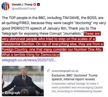 Featured image for: Trump accuses BBC of doctoring his Jan 6th speech, calls it a threat to democracy Trump accuses BBC of doctoring his Jan 6th speech, calls it a threat to democracy