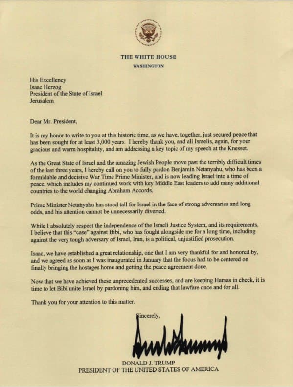 Featured image for: Trump asks President Herzog to pardon Netanyahu in formal letter Trump asks President Herzog to pardon Netanyahu in formal letter