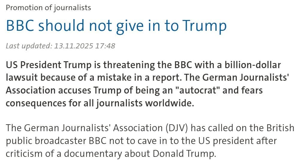 Featured image for: German Journalists' Association urges BBC not to yield to Trump German Journalists' Association urges BBC not to yield to Trump