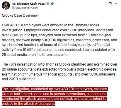 Featured image for: FBI Director Patel details Crooks case, confirms solo attack plan FBI Director Patel details Crooks case, confirms solo attack plan