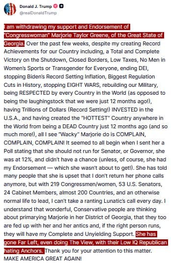 Featured image for: Trump withdraws support and endorsement of Marjorie Taylor Greene Trump withdraws support and endorsement of Marjorie Taylor Greene