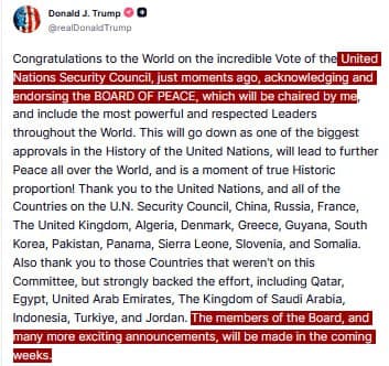 Featured image for: Trump congratulates UN on vote to endorse 'THE BOARD OF PEACE' Trump congratulates UN on vote to endorse 'THE BOARD OF PEACE'