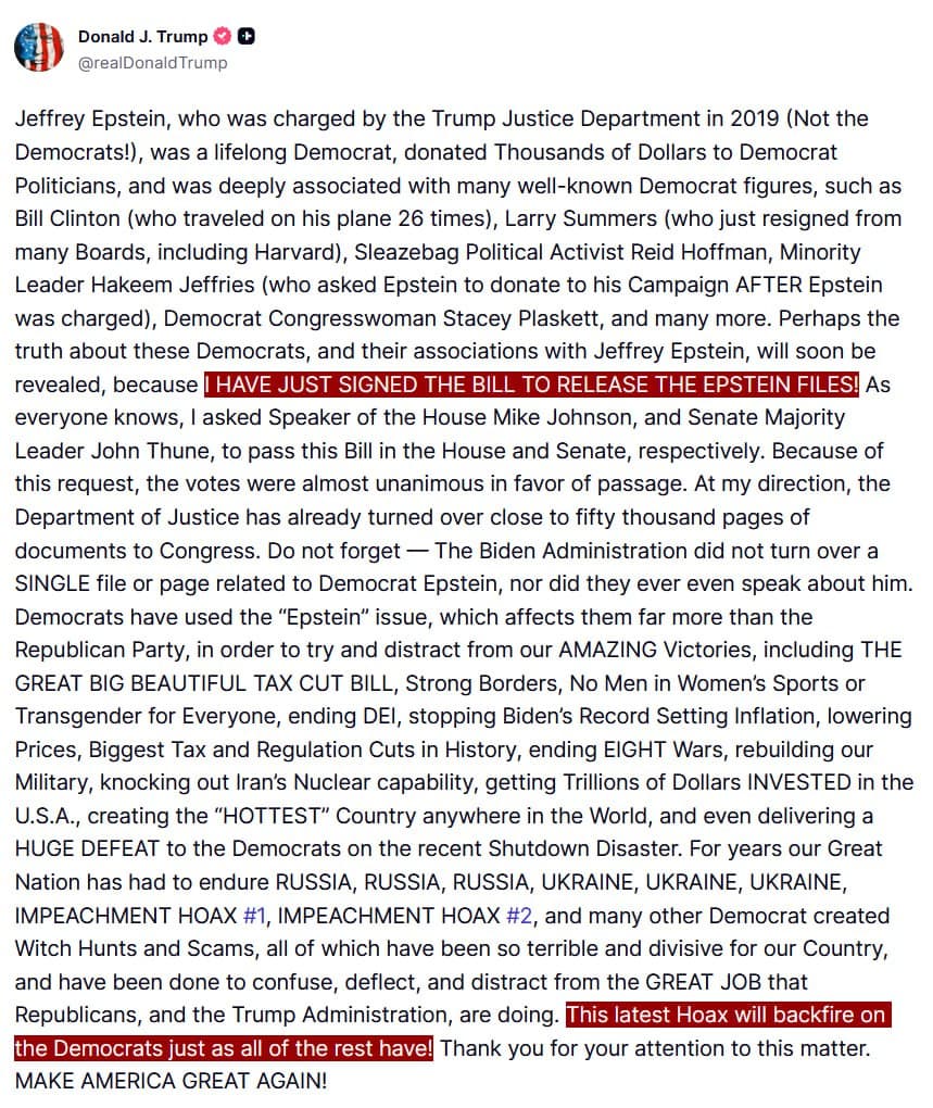 Featured image for: Trump signs bill to release the Epstein Files Trump signs bill to release the Epstein Files