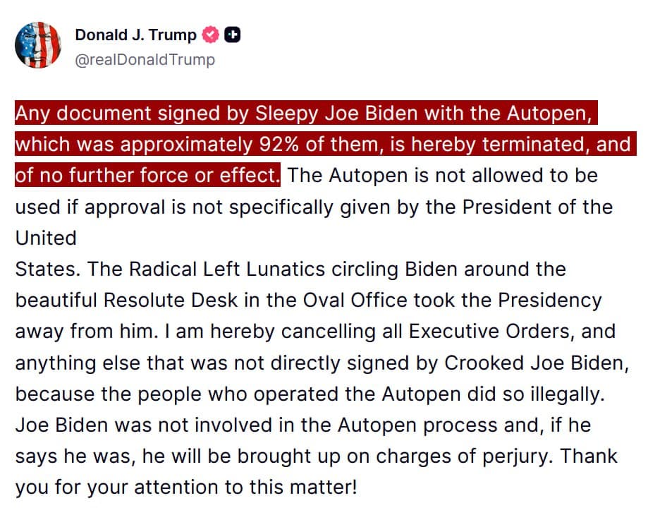 Featured image for: Trump rescinds executive orders signed under Biden using auto-pen Trump rescinds executive orders signed under Biden using auto-pen