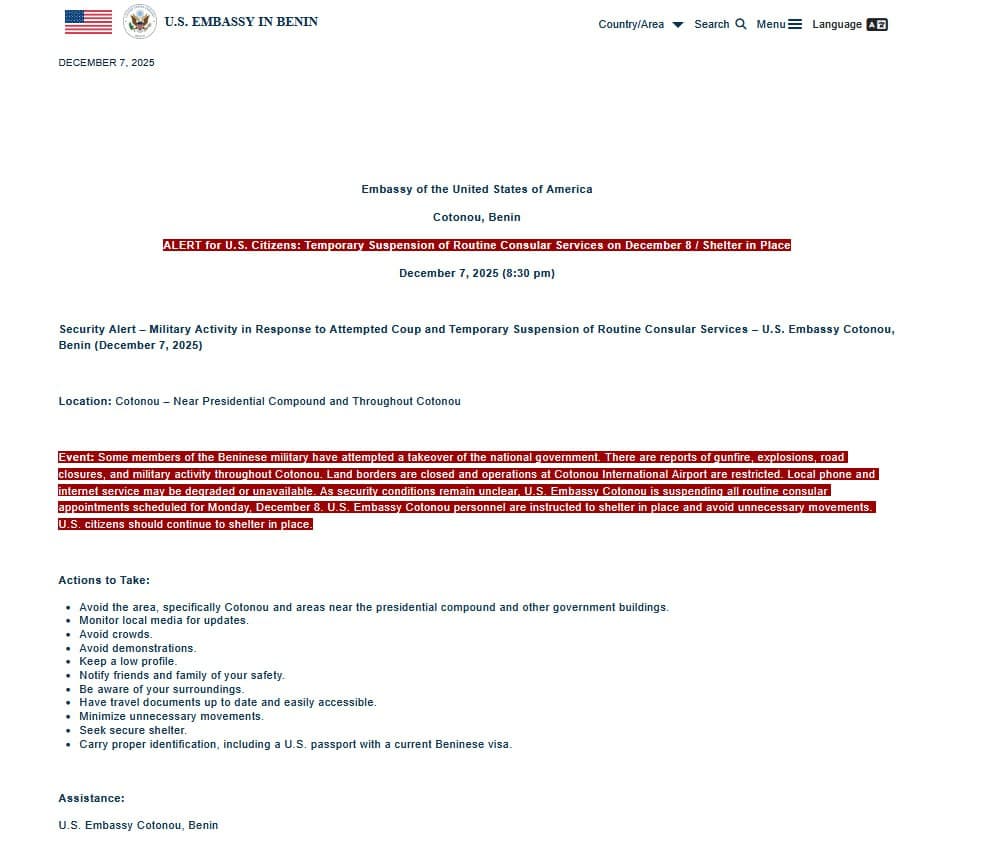 Featured image for: U.S. State Dept issues shelter in place for citizens in Cotonou, Benin U.S. State Dept issues shelter in place for citizens in Cotonou, Benin