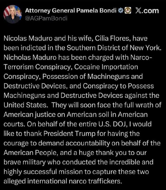 Maduro and wife indicted in Southern District of New York, DOJ says