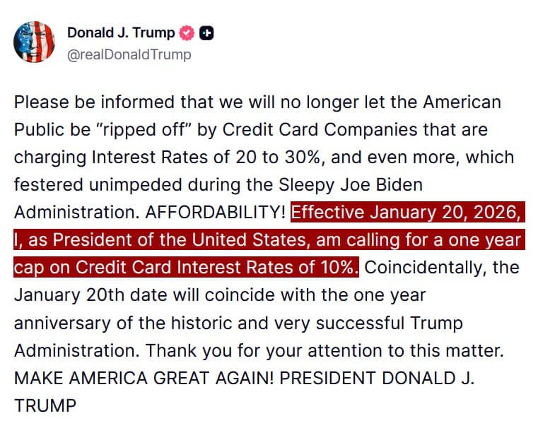 Trump proposes 10% cap on credit card interest rates starting January 20, 2026