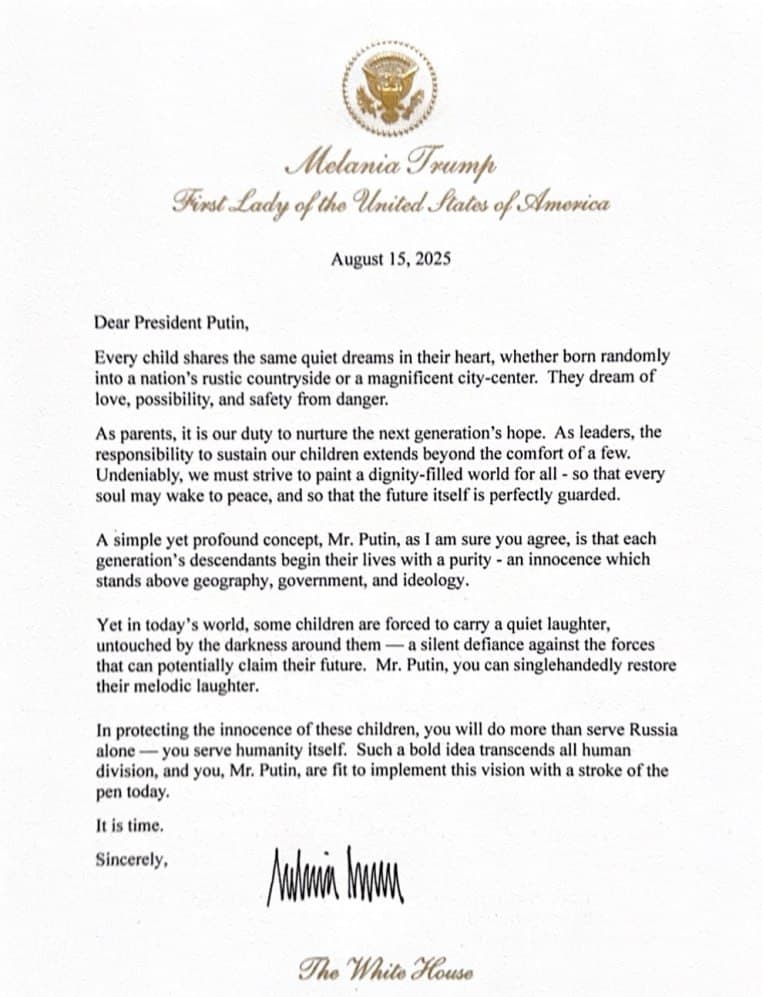 Featured image for: Melania Trump Calls on Putin to Protect Children's Innocence in Open Letter Melania Trump Calls on Putin to Protect Children's Innocence in Open Letter