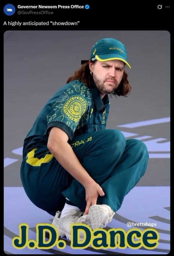 Featured image for: Breaking: California Governor Newsom Memes VP JD Vance with Viral Olympic Dancer Breaking: California Governor Newsom Memes VP JD Vance with Viral Olympic Dancer