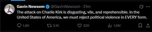 Featured image for: Newsom Condemns Political Violence After Attack on Charlie Kirk Newsom Condemns Political Violence After Attack on Charlie Kirk