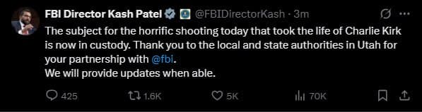 Featured image for: Charlie Kirk's Alleged Killer Captured by FBI in Utah Shooting Charlie Kirk's Alleged Killer Captured by FBI in Utah Shooting