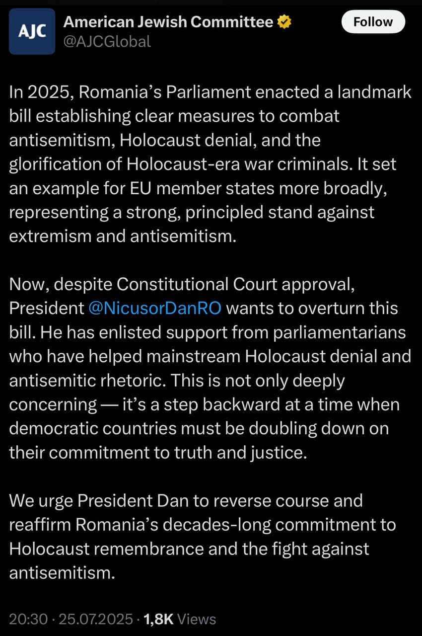 Featured image for: AJC Condemns Romania's President for Blocking Controversial Vexler Law, Fuels Antisemitism Concerns AJC Condemns Romania's President for Blocking Controversial Vexler Law, Fuels Antisemitism Concerns