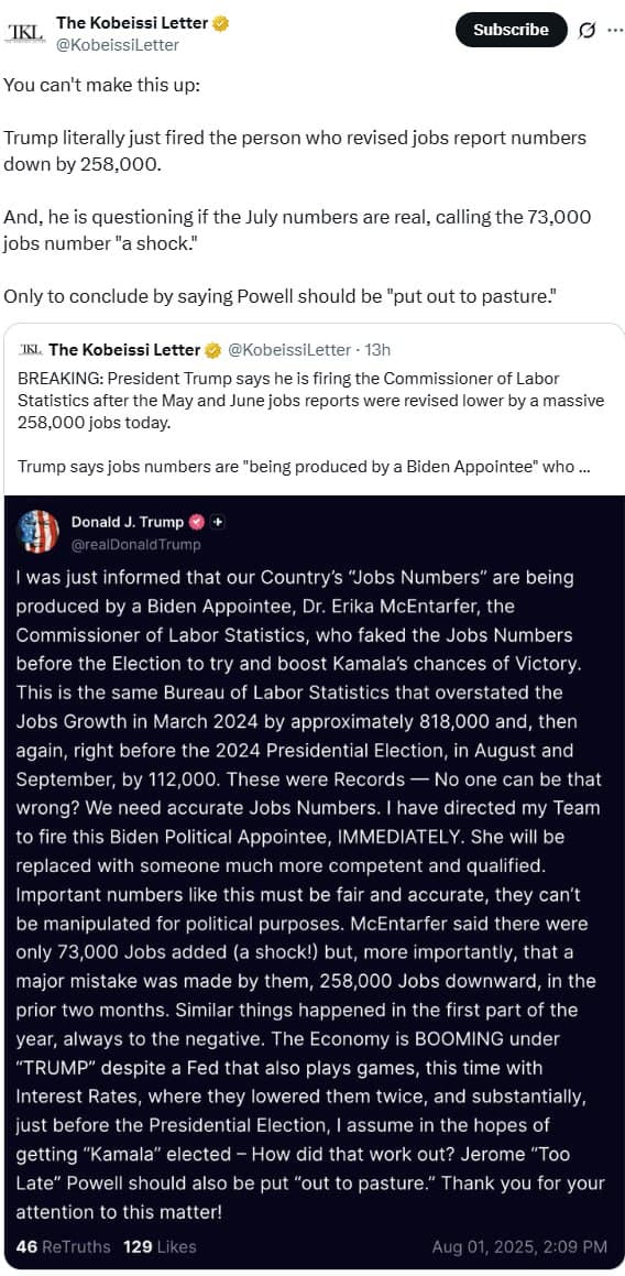 Featured image for: Trump Ousts Jobs Report Chief, Questions Validity of July's 73,000 Job Gain Trump Ousts Jobs Report Chief, Questions Validity of July's 73,000 Job Gain