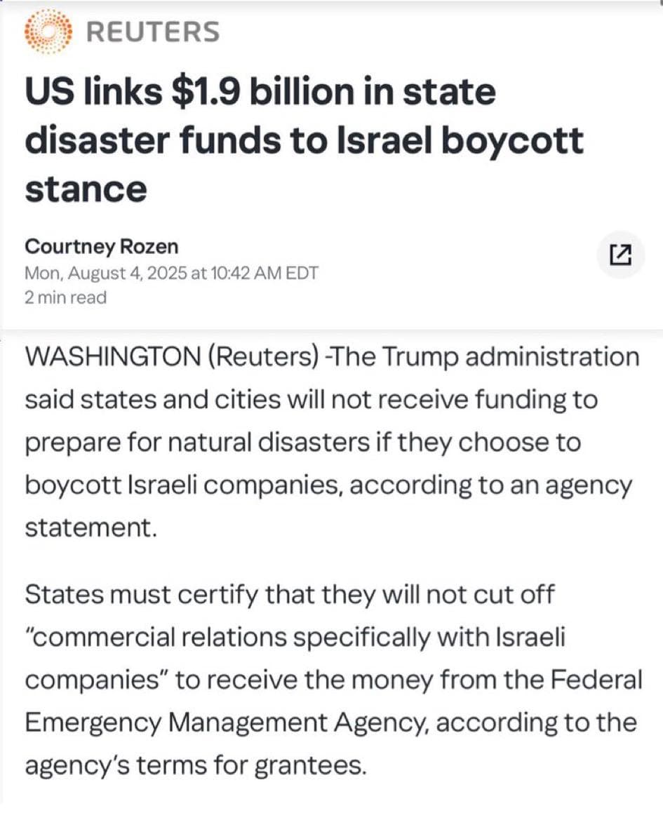 Featured image for: Trump Administration Ties FEMA Disaster Funds to Boycott of Israeli Companies Trump Administration Ties FEMA Disaster Funds to Boycott of Israeli Companies