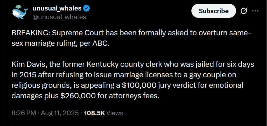 Featured image for: Supreme Court Faces Challenge to Overturn Same-Sex Marriage Ruling as Kim Davis Appeals $360K Verdict Supreme Court Faces Challenge to Overturn Same-Sex Marriage Ruling as Kim Davis Appeals $360K Verdict