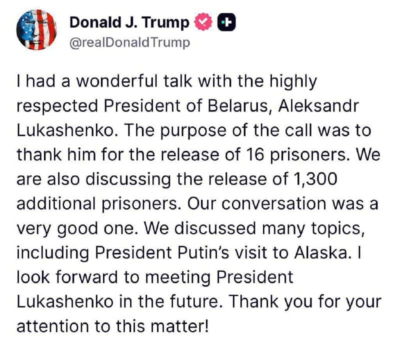 Featured image for: Trump and Lukashenko Discuss Release of 1,300 Belarusian Prisoners, Future Meeting Planned Trump and Lukashenko Discuss Release of 1,300 Belarusian Prisoners, Future Meeting Planned