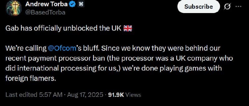 Featured image for: Gab.com Defies UK Censorship: Launches Own Payment System to Bypass OFCOM's Ban Gab.com Defies UK Censorship: Launches Own Payment System to Bypass OFCOM's Ban