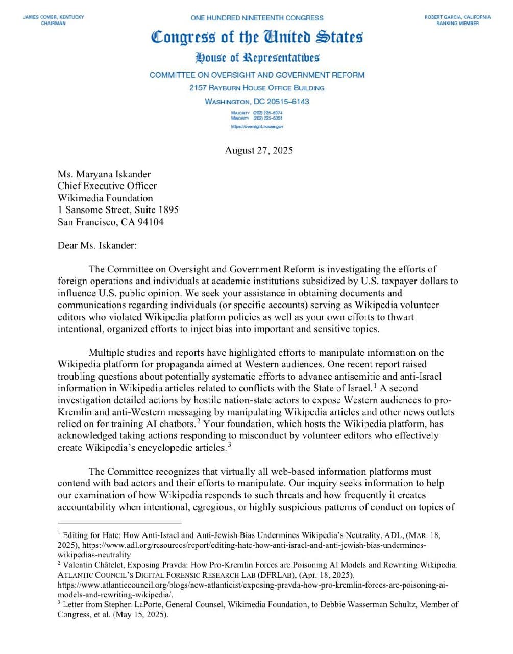 Featured image for: Congress Investigates Wikimedia for Alleged Antisemitic Bias Congress Investigates Wikimedia for Alleged Antisemitic Bias