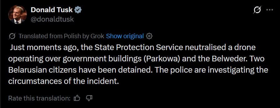 Featured image for: Polish Prime Minister Tusk: Drone shot down over government building Polish Prime Minister Tusk: Drone shot down over government building