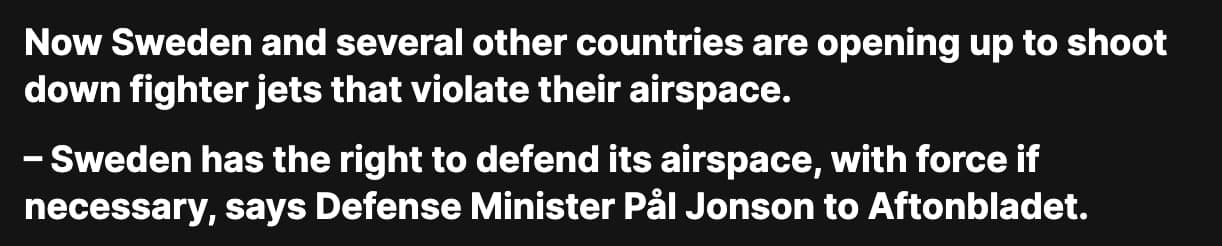 Featured image for: Sweden open to shooting down Russian jets violating airspace Sweden open to shooting down Russian jets violating airspace