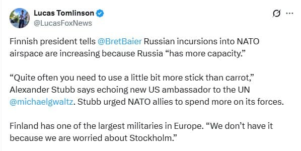 Featured image for: Finnish President Stubb: Russian incursions into NATO airspace increasing Finnish President Stubb: Russian incursions into NATO airspace increasing