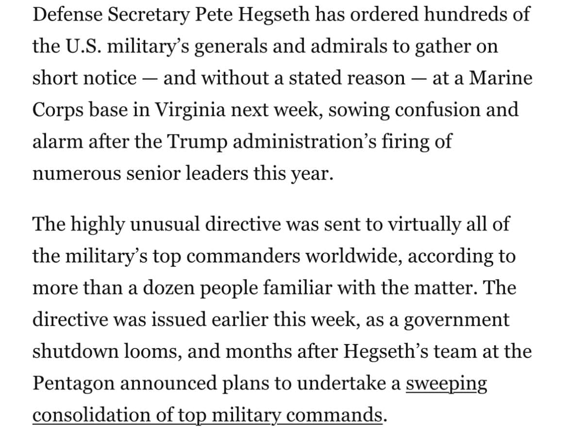 Featured image for: Defense Secretary orders hundreds of military generals to meet in Virginia Defense Secretary orders hundreds of military generals to meet in Virginia