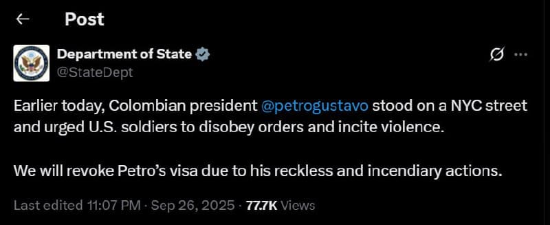 Featured image for: US revokes visa of Colombian President Gustavo Petro after incitement US revokes visa of Colombian President Gustavo Petro after incitement