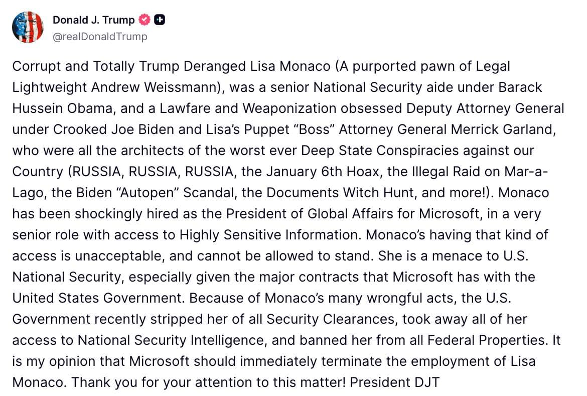 Featured image for: Trump criticizes Microsoft’s Lisa Monaco, calls for her firing Trump criticizes Microsoft’s Lisa Monaco, calls for her firing