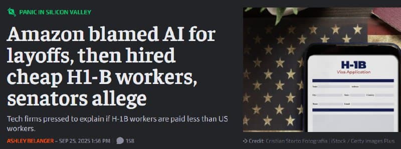 Featured image for: Amazon blames layoffs on AI, then hires over 10,000 H-1B workers Amazon blames layoffs on AI, then hires over 10,000 H-1B workers