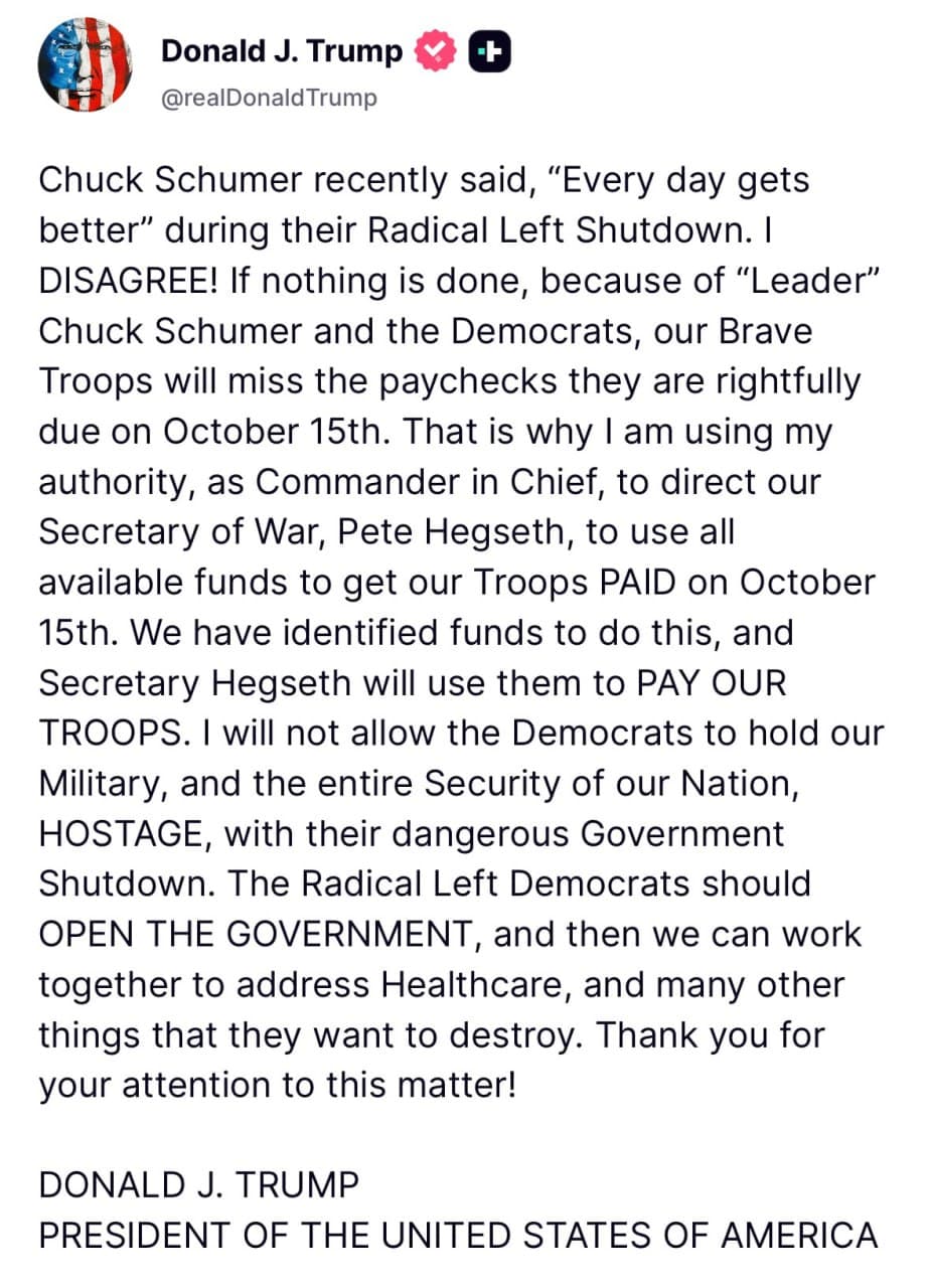 Featured image for: Trump orders Secretary of War to ensure service members are paid on October 15 Trump orders Secretary of War to ensure service members are paid on October 15