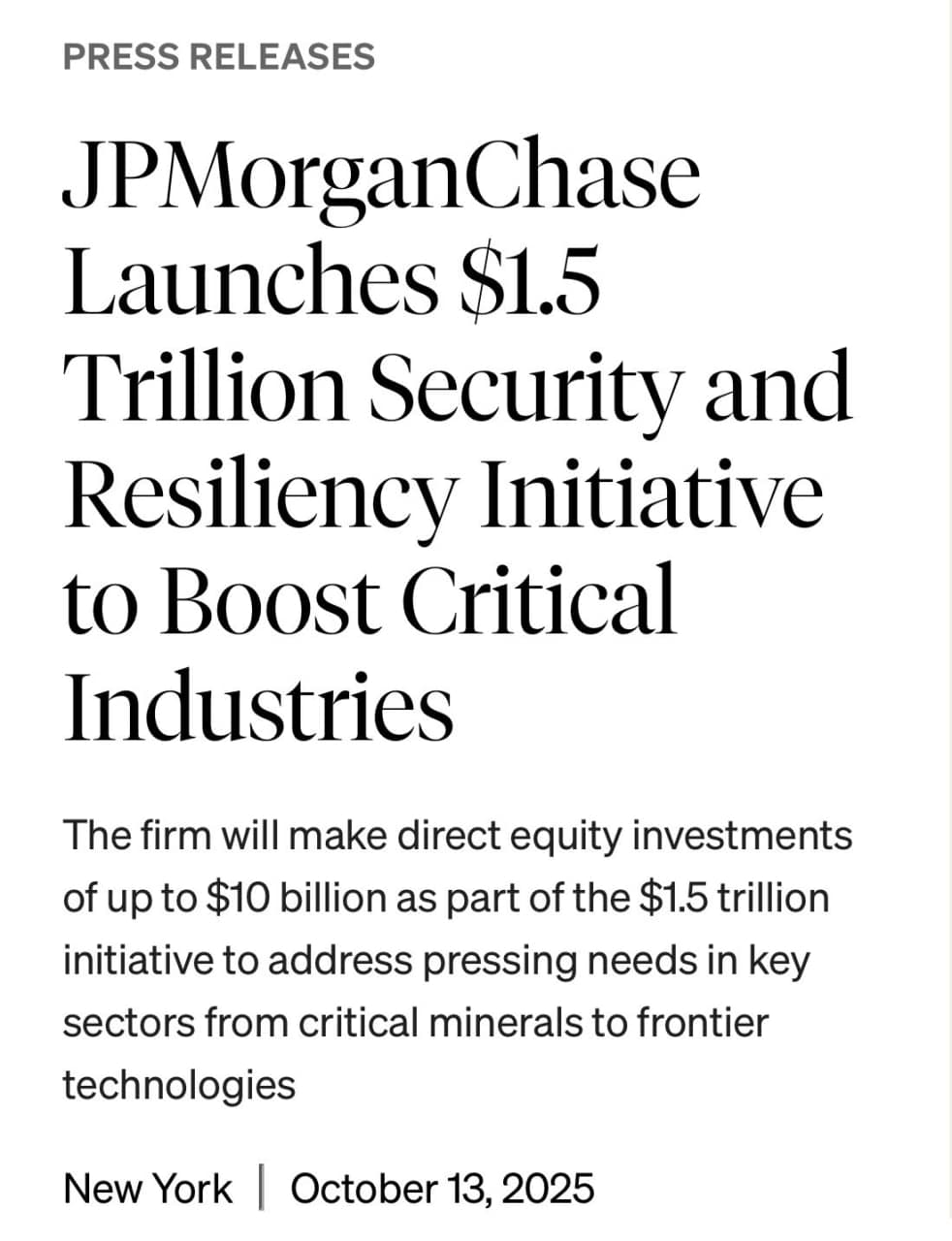 Featured image for: JPMorgan Chase to invest $1.5 trillion in 27 critical industries in America JPMorgan Chase to invest $1.5 trillion in 27 critical industries in America