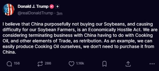 Featured image for: Trump accuses China of 'economically hostile act' for not buying US soybeans Trump accuses China of 'economically hostile act' for not buying US soybeans