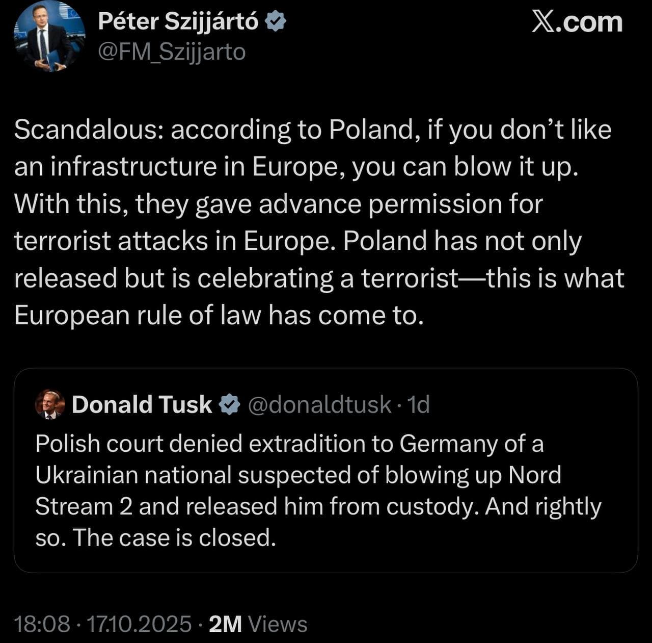 Featured image for: Polish Foreign Minister calls Nordstream 2 sabotage an 'act of self defense' Polish Foreign Minister calls Nordstream 2 sabotage an 'act of self defense'
