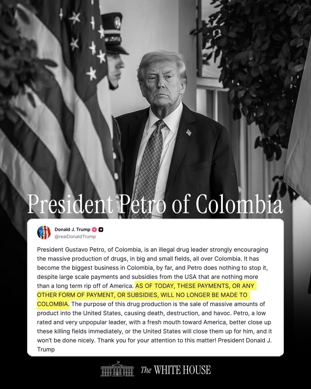Featured image for: Trump announces end of payments and subsidies to Colombia Trump announces end of payments and subsidies to Colombia