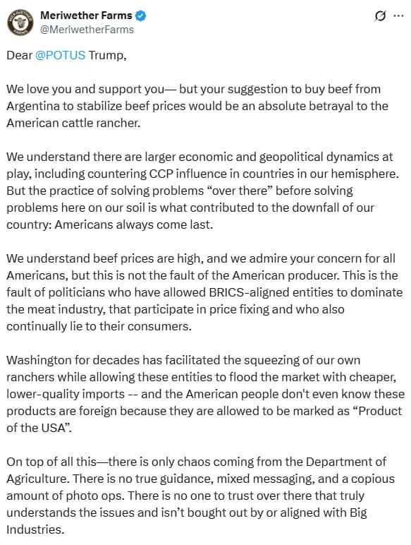 Featured image for: Meriwether Farms urges Trump to support American cattle ranchers Meriwether Farms urges Trump to support American cattle ranchers