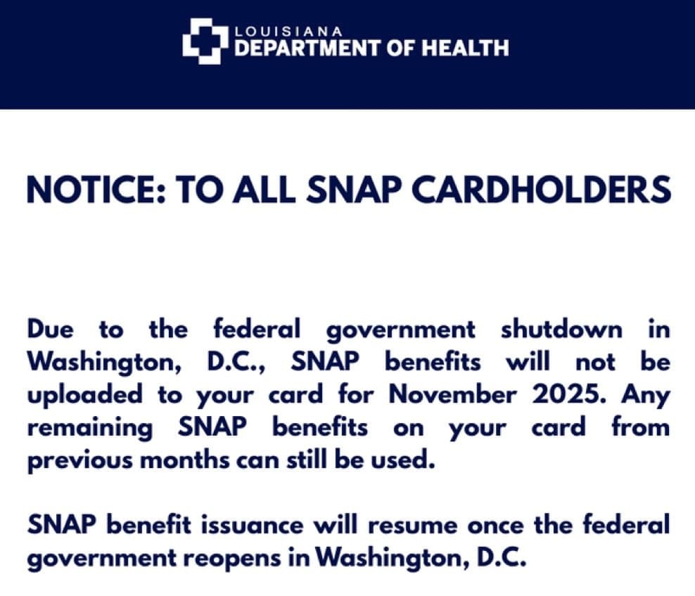 Featured image for: Louisiana Department of Health announces no SNAP funds for November 2025 Louisiana Department of Health announces no SNAP funds for November 2025
