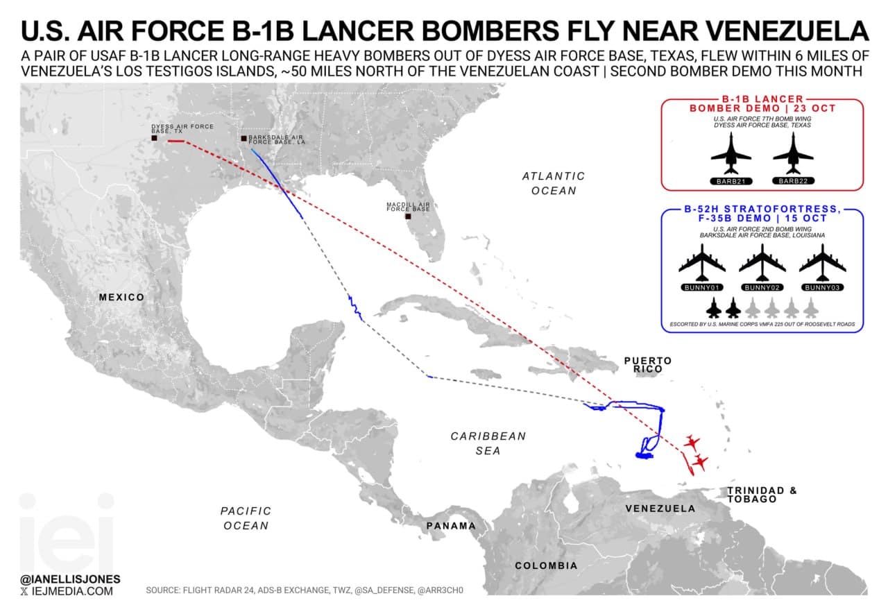 Featured image for: USAF B-1B Lancer bombers fly 50 miles off Venezuela coast USAF B-1B Lancer bombers fly 50 miles off Venezuela coast