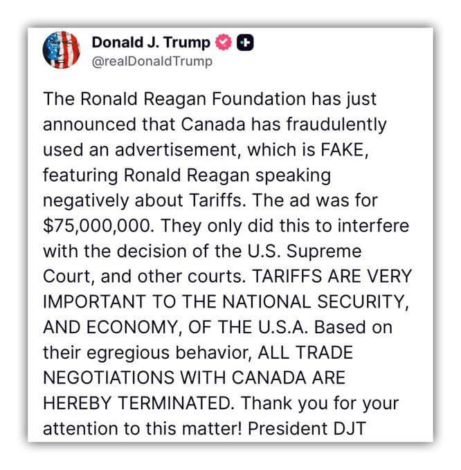 Featured image for: Trump cancels trade negotiations with Canada over Reagan video dispute Trump cancels trade negotiations with Canada over Reagan video dispute