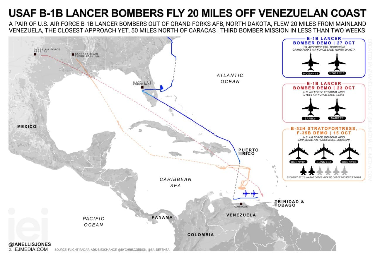 Featured image for: U.S. sends B-1B Lancer bombers near Venezuela for third mission in two weeks U.S. sends B-1B Lancer bombers near Venezuela for third mission in two weeks