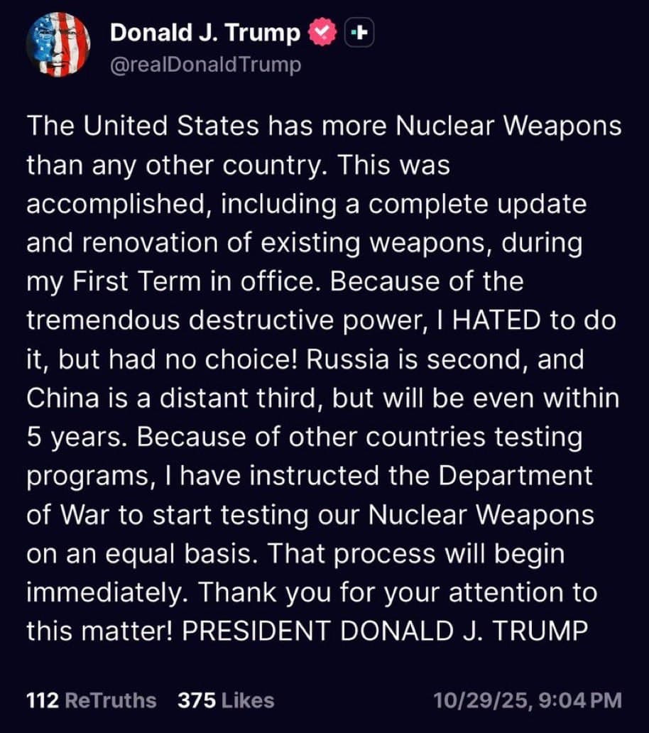 Featured image for: Trump instructs Department of War to begin nuclear weapons testing Trump instructs Department of War to begin nuclear weapons testing