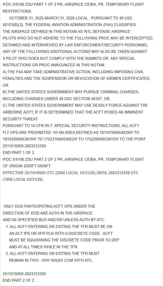 Featured image for: United States issues NOTAM for Puerto Rico airbases from October 31, 2025 to March 31, 2026 United States issues NOTAM for Puerto Rico airbases from October 31, 2025 to March 31, 2026
