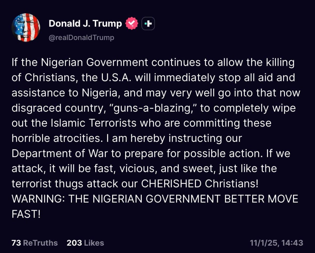 Featured image for: Trump threatens to halt aid to Nigeria and invade over Islamic terror attacks Trump threatens to halt aid to Nigeria and invade over Islamic terror attacks