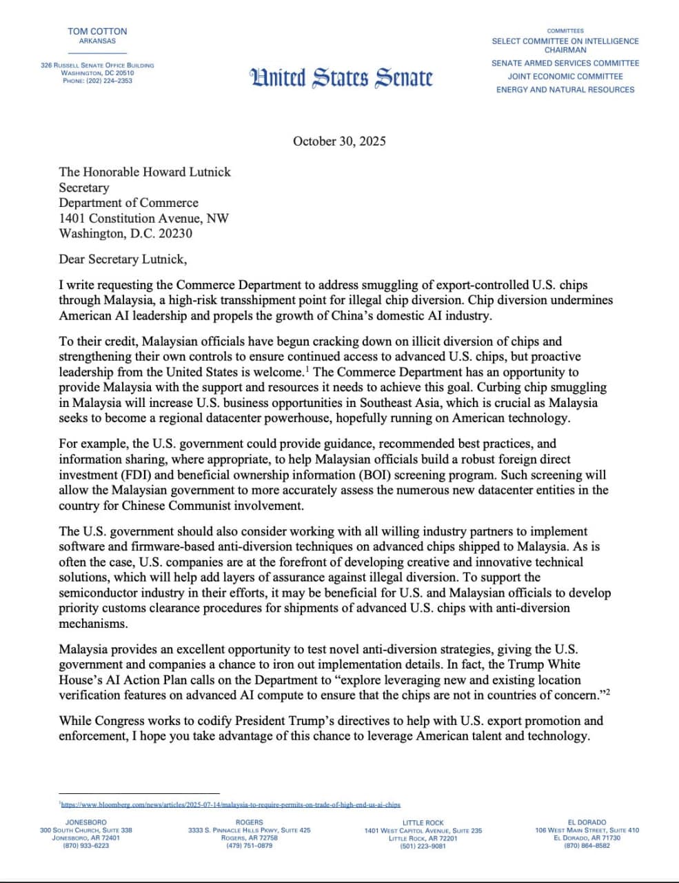 Featured image for: Tom Cotton urges enforcement of export controls on China's chip smuggling Tom Cotton urges enforcement of export controls on China's chip smuggling