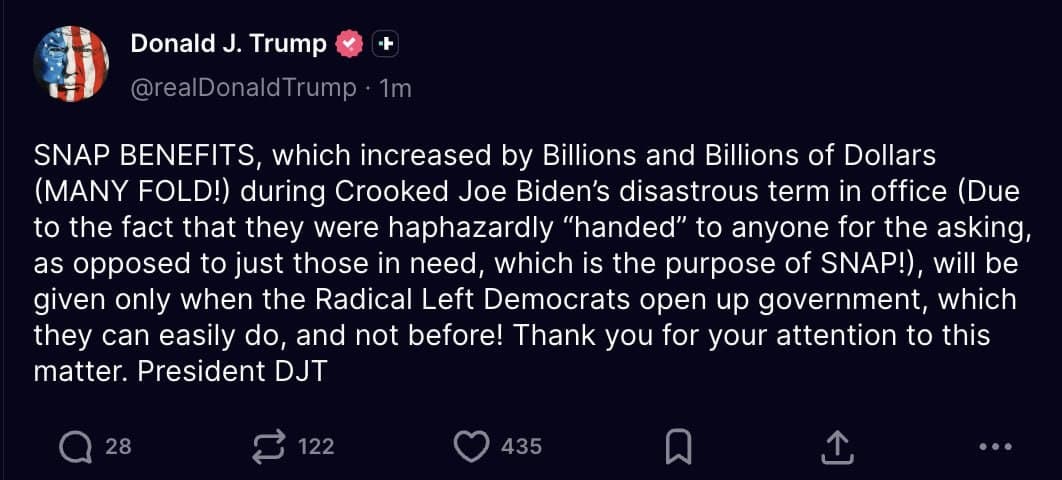 Featured image for: Trump says SNAP benefits will resume only after government reopens Trump says SNAP benefits will resume only after government reopens